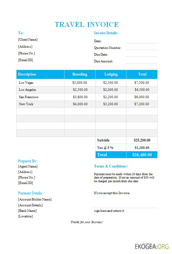 Modèle de format de facture de voyage gratuit